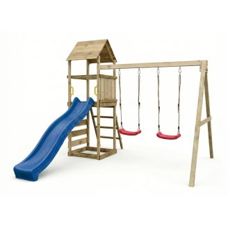 Parco giochi in legno Maxplay 2.2 con scivolo blu, doppia altalena e torre