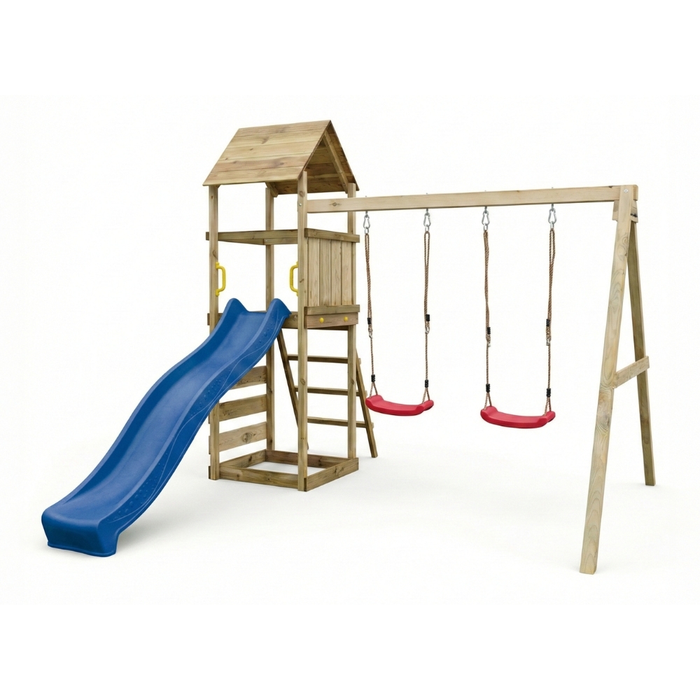 Parco giochi in legno Maxplay 2.2 con scivolo blu, doppia altalena e torre