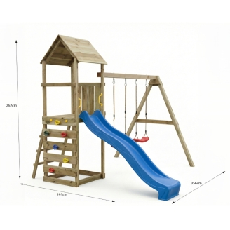 Parco giochi in legno Maxplay 2.2 con scivolo blu, doppia altalena e torre