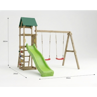 Parco giochi in legno Maxplay 2.1 con scivolo verde, doppia altalena e arrampicata per giardino