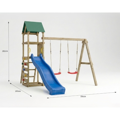 Parco giochi in legno Maxplay 2.1 con scivolo blu, doppia altalena e arrampicata per giardino