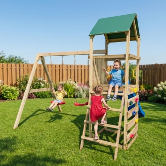 Parco giochi in legno Maxplay 2.1 con scivolo blu, doppia altalena e arrampicata per giardino