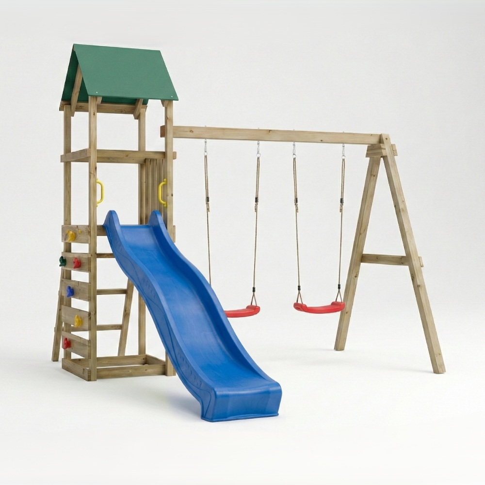 Parco giochi in legno Maxplay 2.1 con scivolo blu, doppia altalena e arrampicata per giardino