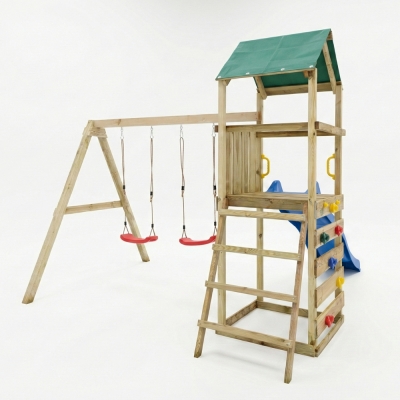 Parco giochi in legno Maxplay 2.1 con scivolo blu, doppia altalena e arrampicata per giardino