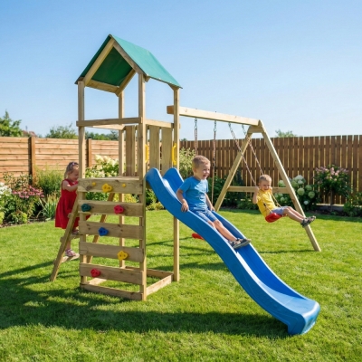 Parco giochi in legno Maxplay 2.1 con scivolo blu, doppia altalena e arrampicata per giardino
