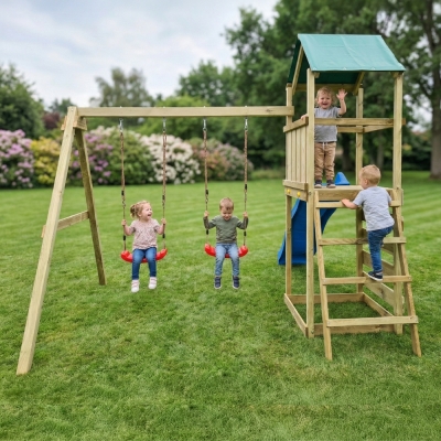 Parco giochi in legno Maxplay 2.1 con scivolo blu, doppia altalena e arrampicata per giardino