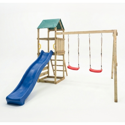 Parco giochi in legno Maxplay 2.1 con scivolo blu, doppia altalena e arrampicata per giardino