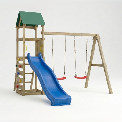 Parco giochi in legno Maxplay 2.1 con scivolo blu, doppia altalena e arrampicata per giardino