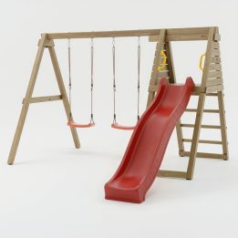 Area gioco da giardino in legno Maxplay Gym con scivolo rosso e doppia altalena