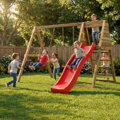 Area gioco da giardino in legno Maxplay Gym con scivolo rosso e doppia altalena