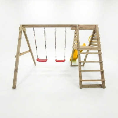 Area gioco da giardino in legno Maxplay Gym con scivolo giallo e doppia altalena