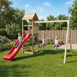 Parco giochi in legno Maxplay 2.2 con scivolo rosso, doppia altalena e torre