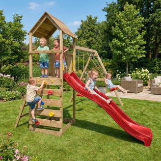 Parco giochi in legno Maxplay 2.2 con scivolo rosso, doppia altalena e torre