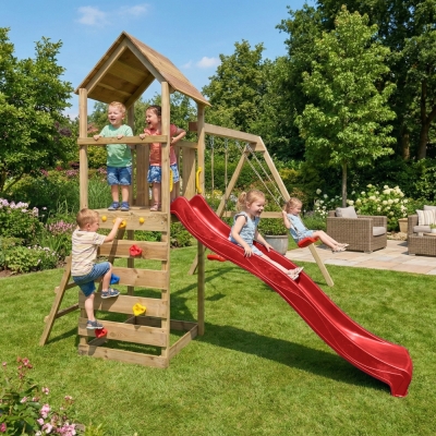 Parco giochi in legno Maxplay 2.2 con scivolo rosso, doppia altalena e torre