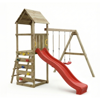 Parco giochi in legno Maxplay 2.2 con scivolo rosso, doppia altalena e torre