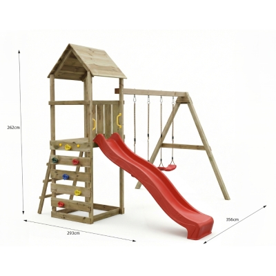 Parco giochi in legno Maxplay 2.2 con scivolo rosso, doppia altalena e torre
