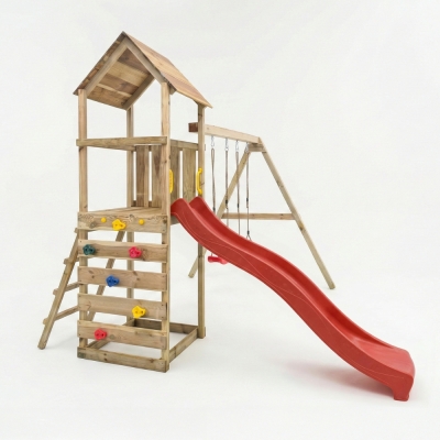 Parco giochi in legno Maxplay 2.2 con scivolo rosso, doppia altalena e torre