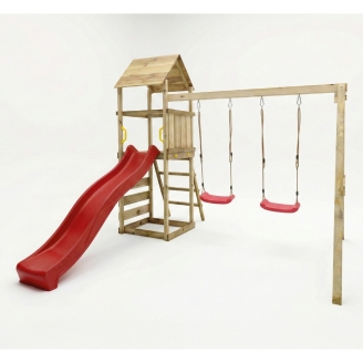 Parco giochi in legno Maxplay 2.2 con scivolo rosso, doppia altalena e torre