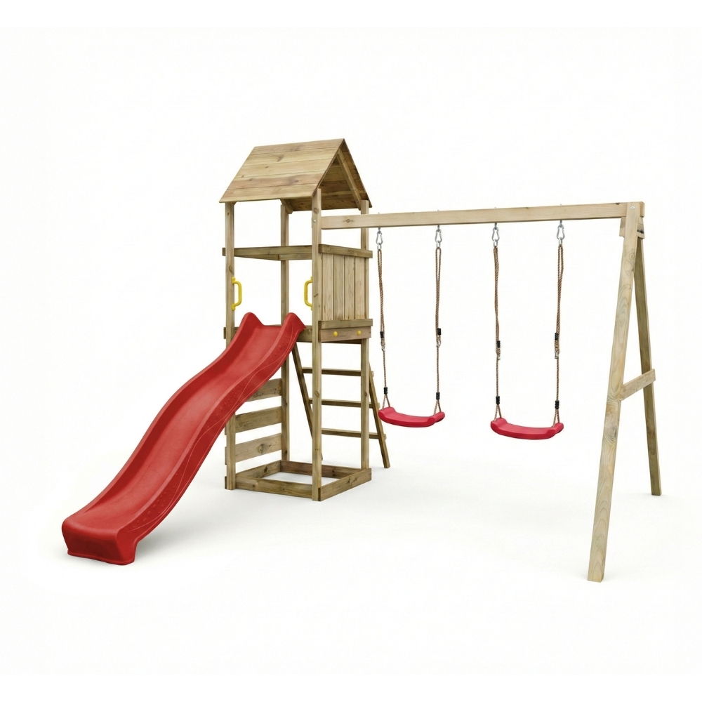 Parco giochi in legno Maxplay 2.2 con scivolo rosso, doppia altalena e torre