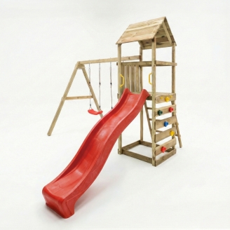 Parco giochi in legno Maxplay 2.2 con scivolo rosso, doppia altalena e torre
