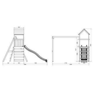 Parco giochi in legno Maxplay 2.2 con scivolo giallo, doppia altalena e torre