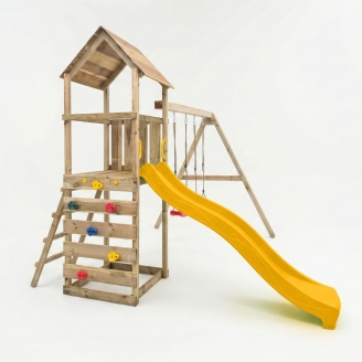 Parco giochi in legno Maxplay 2.2 con scivolo giallo, doppia altalena e torre