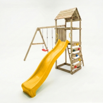 Parco giochi in legno Maxplay 2.2 con scivolo giallo, doppia altalena e torre