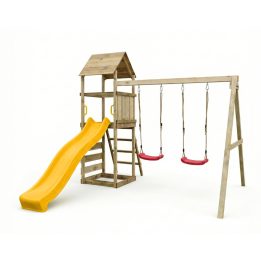 Parco giochi in legno Maxplay 2.2 con scivolo giallo, doppia altalena e torre