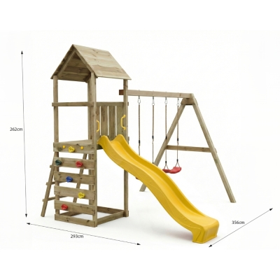 Parco giochi in legno Maxplay 2.2 con scivolo giallo, doppia altalena e torre