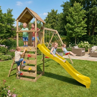 Parco giochi in legno Maxplay 2.2 con scivolo giallo, doppia altalena e torre