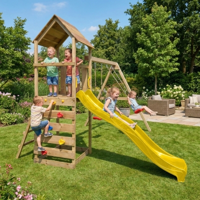 Parco giochi in legno Maxplay 2.2 con scivolo giallo, doppia altalena e torre