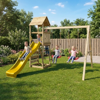 Parco giochi in legno Maxplay 2.2 con scivolo giallo, doppia altalena e torre