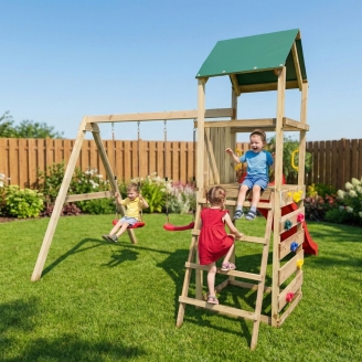 Parco giochi in legno Maxplay 2.1 con scivolo rosso, doppia altalena e arrampicata per giardino