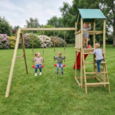 Parco giochi in legno Maxplay 2.1 con scivolo rosso, doppia altalena e arrampicata per giardino