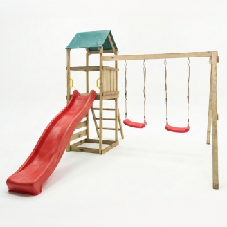 Parco giochi in legno Maxplay 2.1 con scivolo rosso, doppia altalena e arrampicata per giardino