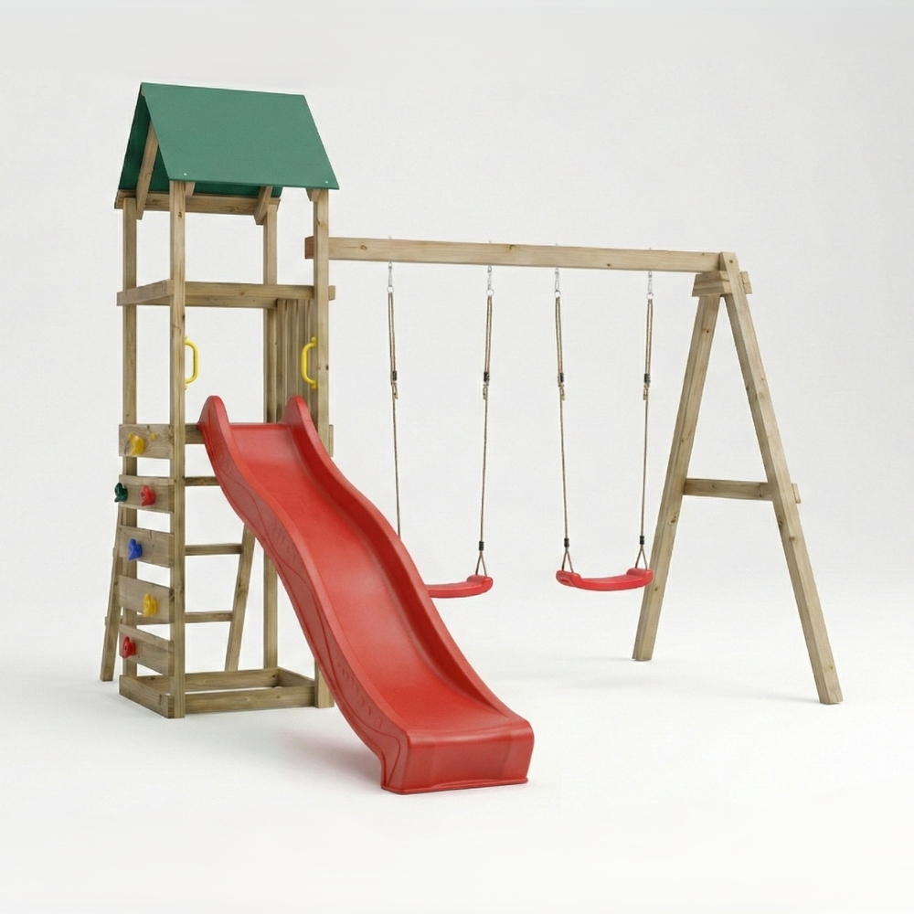Parco giochi in legno Maxplay 2.1 con scivolo rosso, doppia altalena e arrampicata per giardino