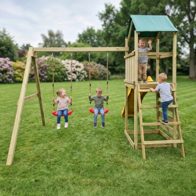 Parco giochi in legno Maxplay 2.1 con scivolo giallo, doppia altalena e arrampicata per giardino