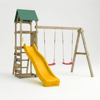 Parco giochi in legno Maxplay 2.1 con scivolo giallo, doppia altalena e arrampicata per giardino