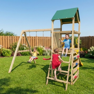 Parco giochi in legno Maxplay 2.1 con scivolo giallo, doppia altalena e arrampicata per giardino