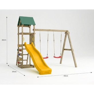 Parco giochi in legno Maxplay 2.1 con scivolo giallo, doppia altalena e arrampicata per giardino