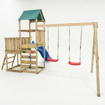 Parco giochi in legno Maxplay 3.1 con torre, scivolo blu, doppia altalena e sabbiera