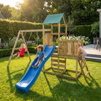 Parco giochi in legno Maxplay 3.1 con torre, scivolo blu, doppia altalena e sabbiera