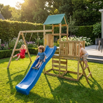 Parco giochi in legno Maxplay 3.1 con torre, scivolo blu, doppia altalena e sabbiera
