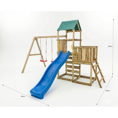 Parco giochi in legno Maxplay 3.1 con torre, scivolo blu, doppia altalena e sabbiera