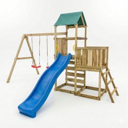 Parco giochi in legno Maxplay 3.1 con torre, scivolo blu, doppia altalena e sabbiera
