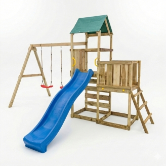 Parco giochi in legno Maxplay 3.1 con torre, scivolo blu, doppia altalena e sabbiera