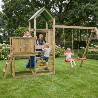 Parco giochi in legno Maxplay 3.1 con torre, scivolo blu, doppia altalena e sabbiera