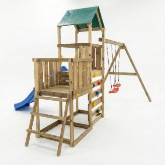 Parco giochi in legno Maxplay 3.1 con torre, scivolo blu, doppia altalena e sabbiera