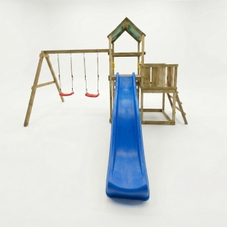 Parco giochi in legno Maxplay 3.1 con torre, scivolo blu, doppia altalena e sabbiera
