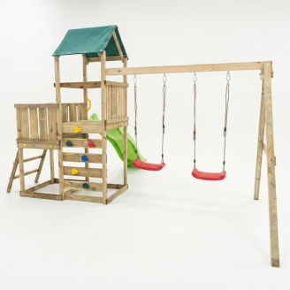 Parco giochi in legno Maxplay 3.1 con torre, scivolo verde, doppia altalena e sabbiera